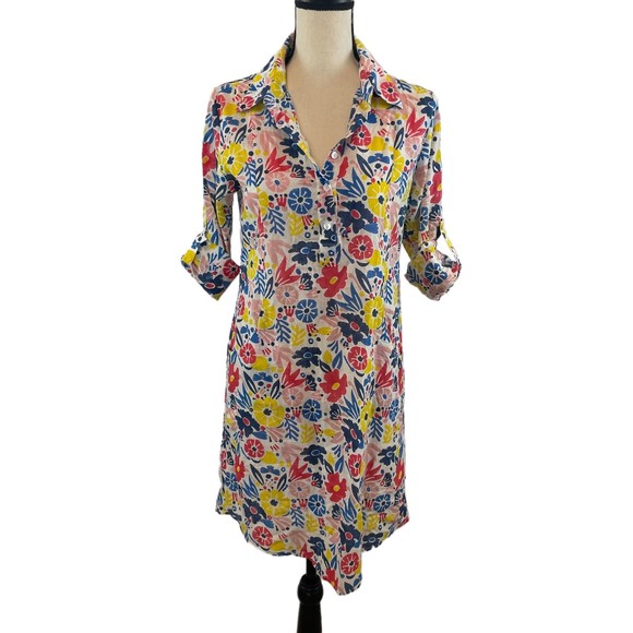 ROBERTA ROLLER RABBIT FLORAL ROLL TAB SLEEVE COTTON SHIRT DRESS XS - Picture 1 of 12